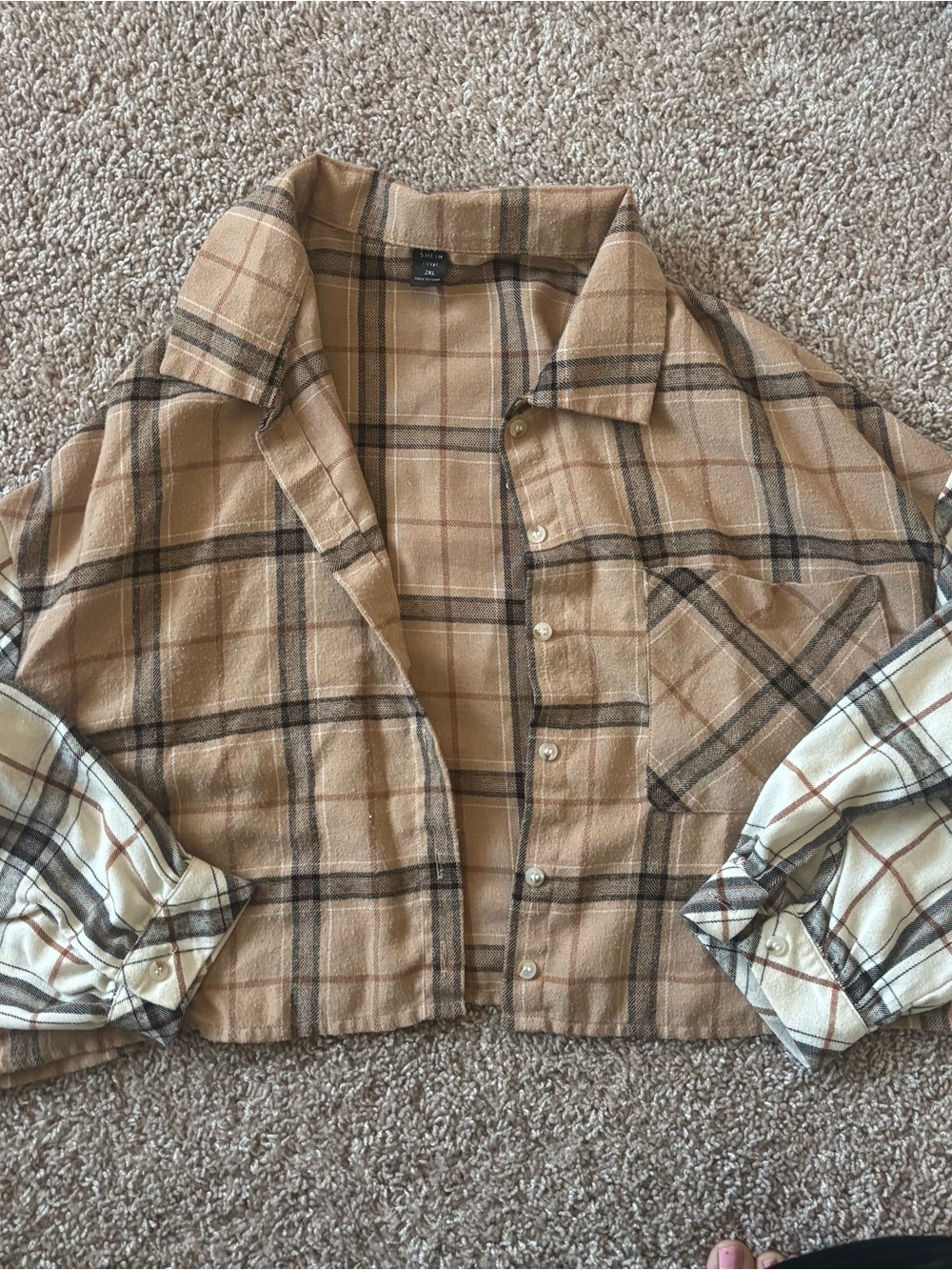 SHEIN Tan Plaid Cropped Button-Up Shirt